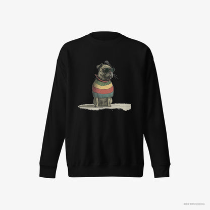 Pug Sweatshirt – Women Black Sweatshirt Eco-Friendly – Wearing Rainbow Outfit (on White Background)