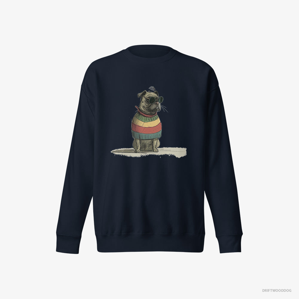 Pug Sweatshirt – Women Navy Sweatshirt Eco-Friendly – Wearing Rainbow Outfit (on White Background)