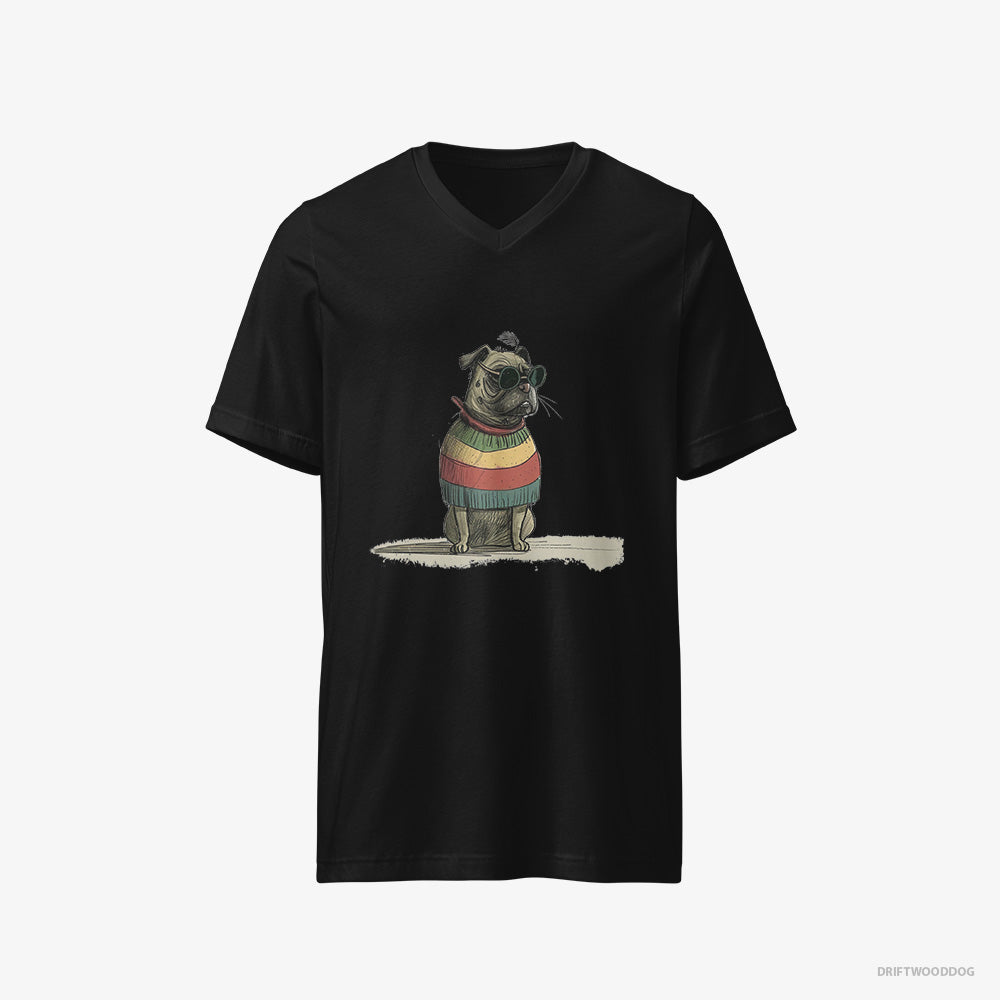 Pug T-Shirt – Men Black T-Shirt V-Neck – Wearing Rainbow Outfit (on White Background)