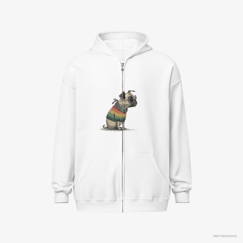 Pug Hoodie – Men White Hoodie Full-Zip – Excited for Pride (on White Background)