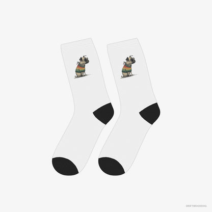 Pug Socks – Unisex White Socks Classic – Excited for Pride (on White Background)