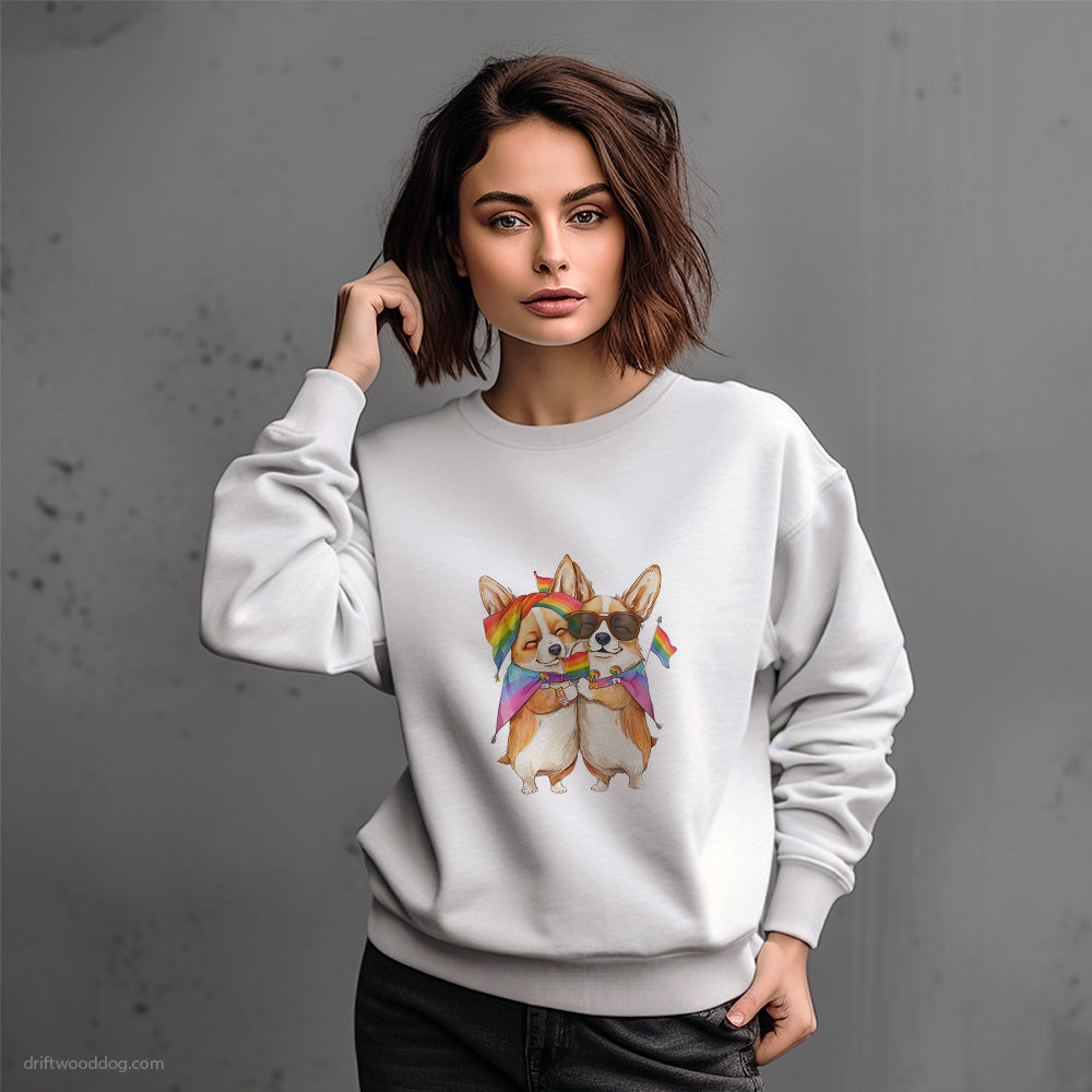 Corgi Couple Hugging on Pride Day Sweatshirt – Dog-Themed Gifts for Dog Lovers