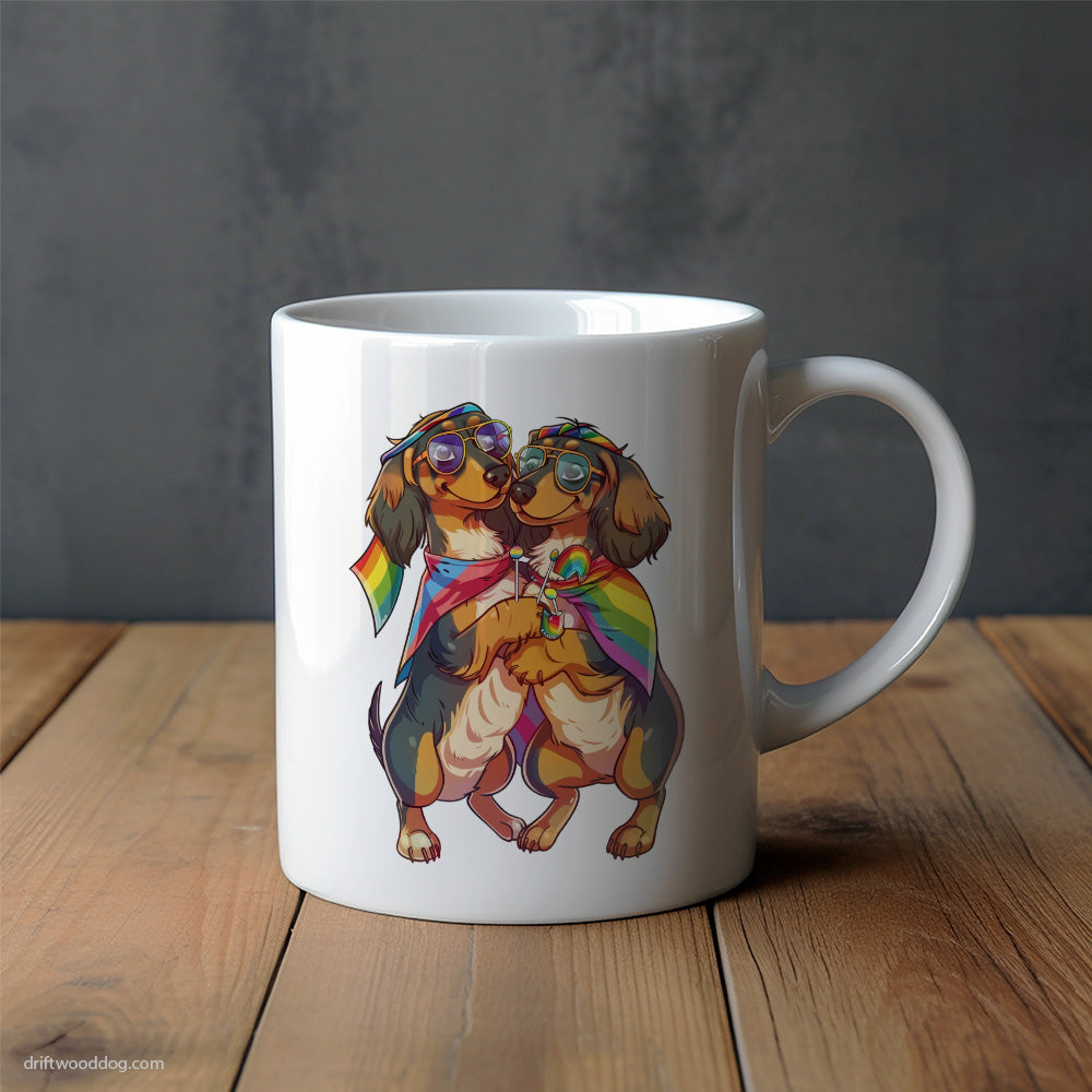 Dachshund Couple Hugging on Pride Day Mug – Unique Dog Cups | Dog-Themed Mugs