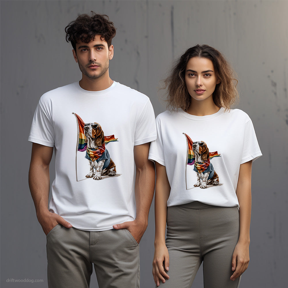 Basset Hound with an LGBTQ+ Flag T-Shirt – Unisex T-Shirt for Dog Lovers 