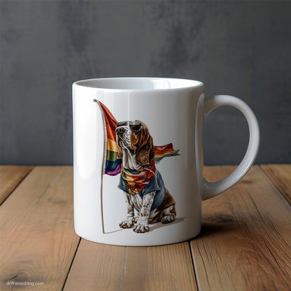 Basset Hound with an LGBTQ+ Flag Mug – Unique Dog Cups | Dog-Themed Mugs