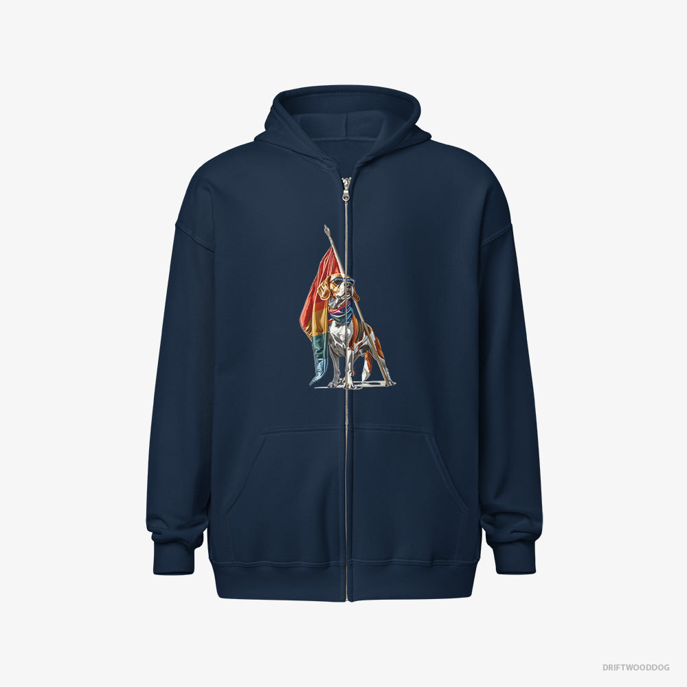 Beagle Hoodie – Men Navy Hoodie Full-Zip – Waving LGBTQ+ Flag (on White Background)