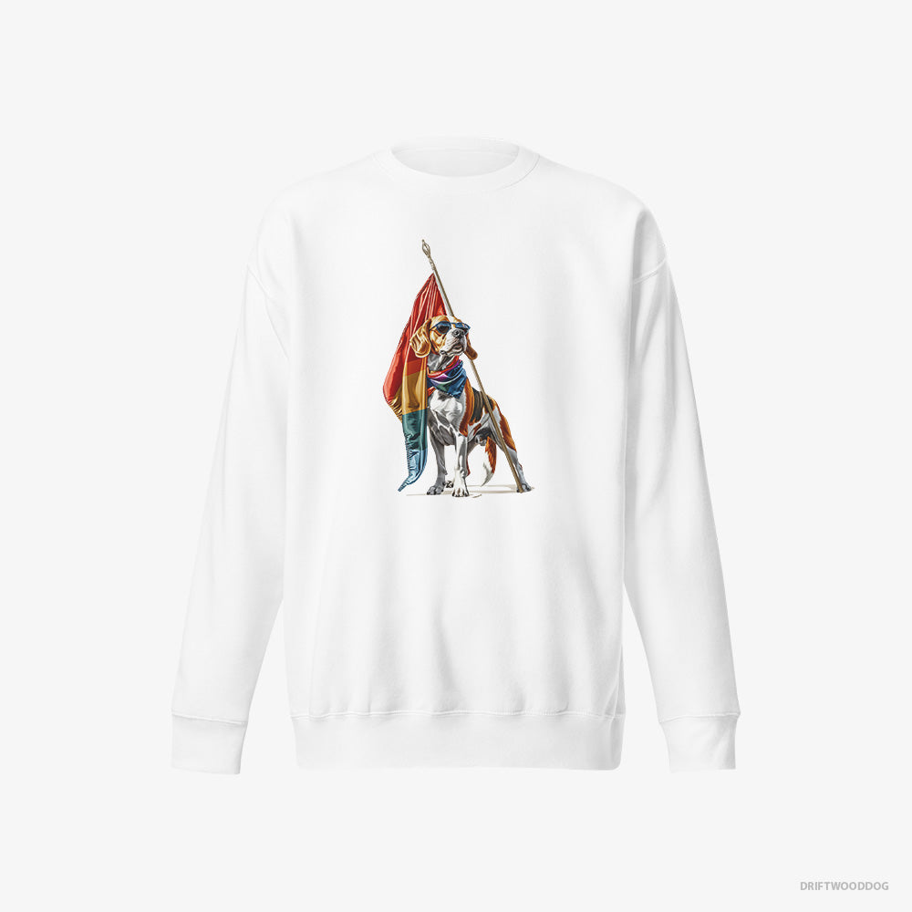 Beagle Sweatshirt – Women White Sweatshirt Eco-Friendly – Waving LGBTQ+ Flag (on White Background)