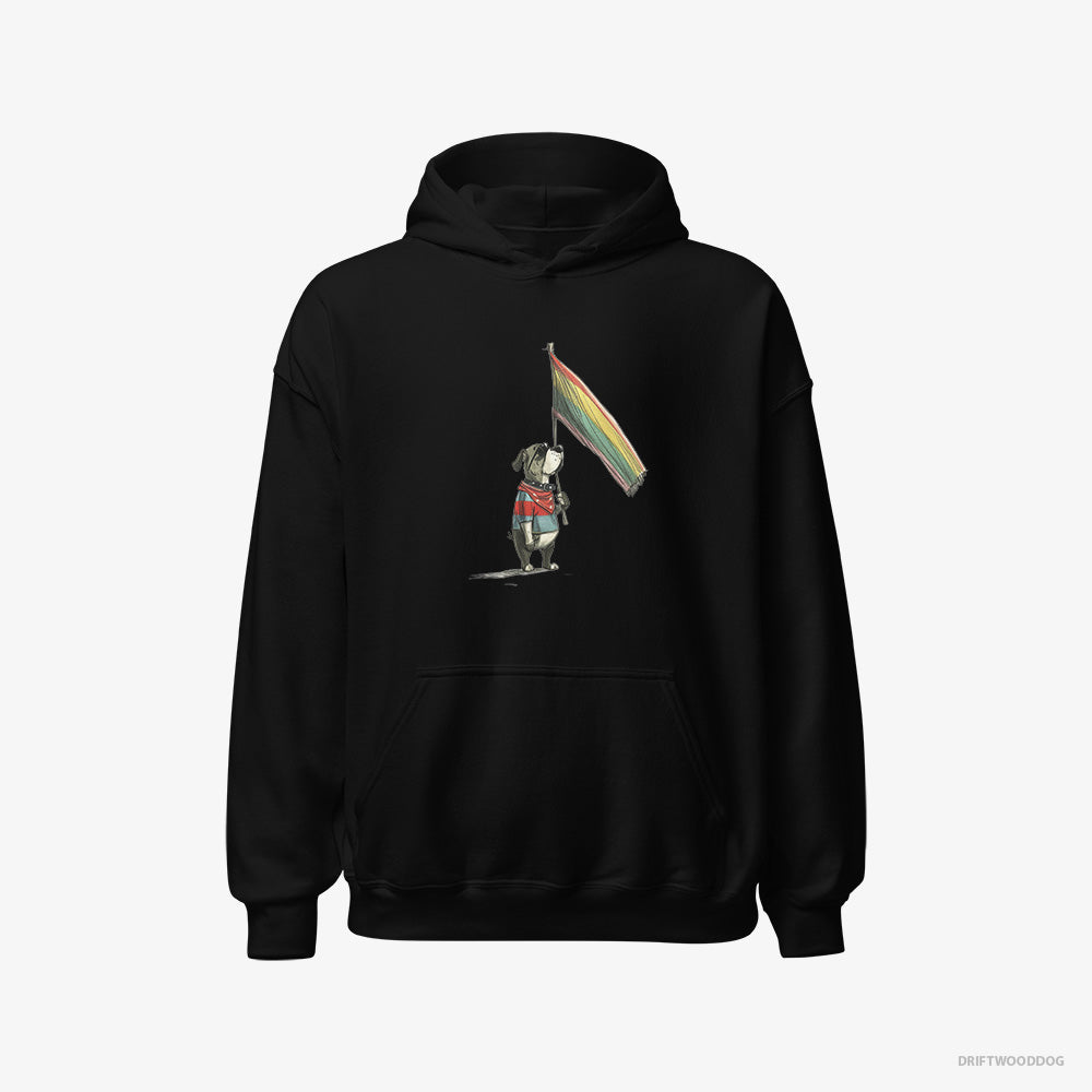 Bulldog Hoodie – Men Black Hoodie Classic – Holding LGBTQ+ Flag (on White Background)