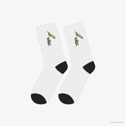 Bulldog Socks – Unisex White Socks Classic – Holding LGBTQ+ Flag (on White Background)