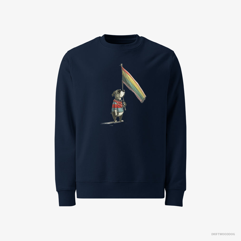 Bulldog Sweatshirt – Men Navy Sweatshirt Classic – Holding LGBTQ+ Flag (on White Background)