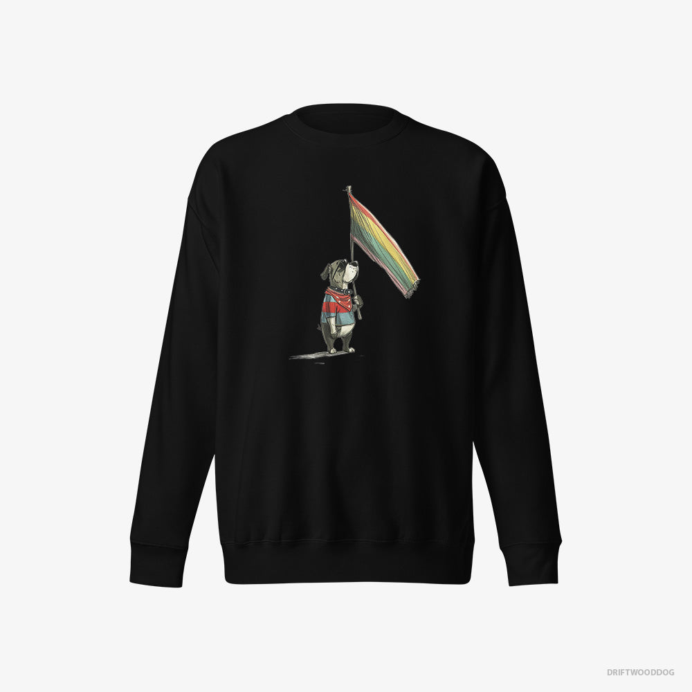 Bulldog Sweatshirt – Men Black Sweatshirt Eco-Friendly – Holding LGBTQ+ Flag (on White Background)