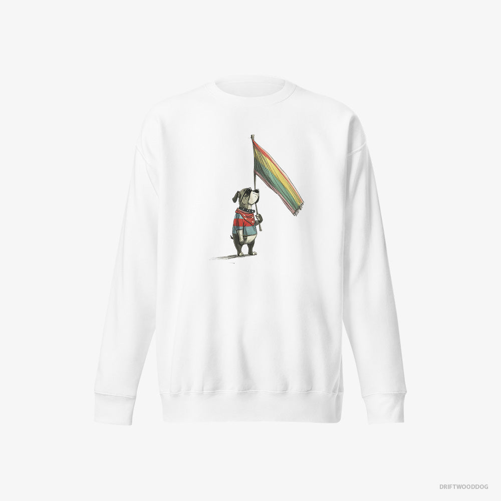 Bulldog Sweatshirt – Men White Sweatshirt Eco-Friendly – Holding LGBTQ+ Flag (on White Background)