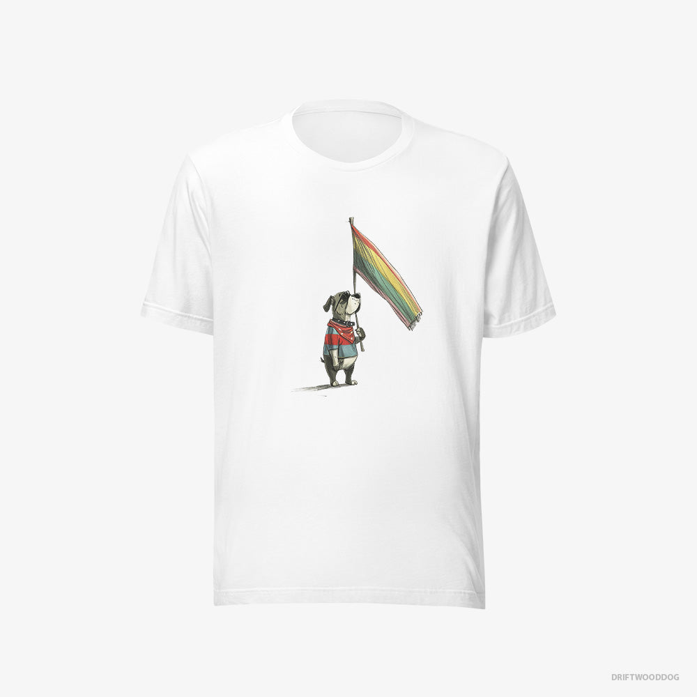 Bulldog T-Shirt – Men White T-Shirt Eco-Friendly – Holding LGBTQ+ Flag (on White Background)