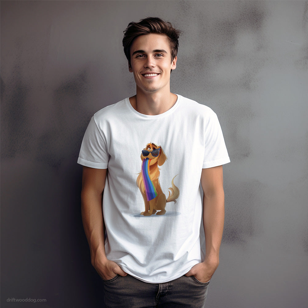 Golden Retriever Holding Pride Flag T-Shirt – Dog Graphic Tee for Men