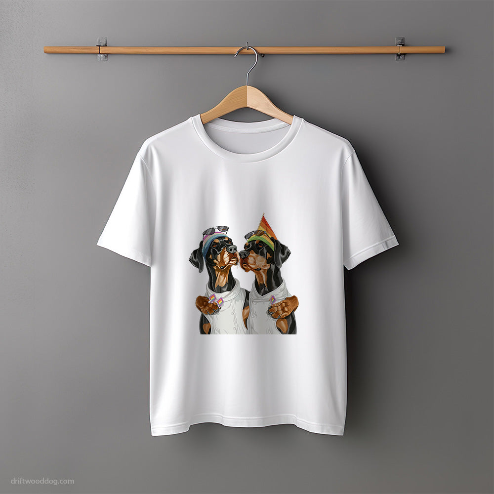 Dobermann Couple Hugging at Pride T-Shirt – Unisex Tee for Dog Lovers