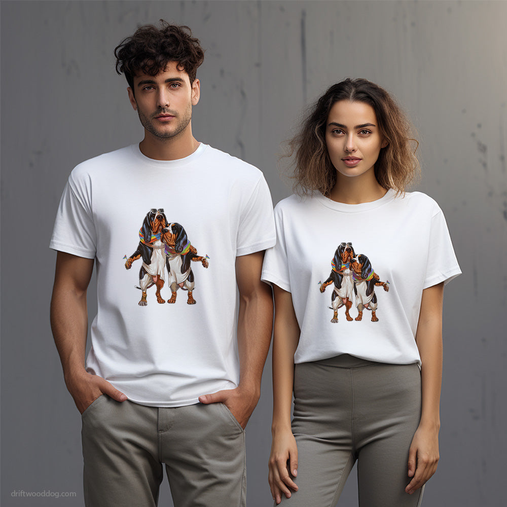 Basset Hound Couple Hugging on Pride Day T-Shirt – Unisex T-Shirt for Dog Lovers 