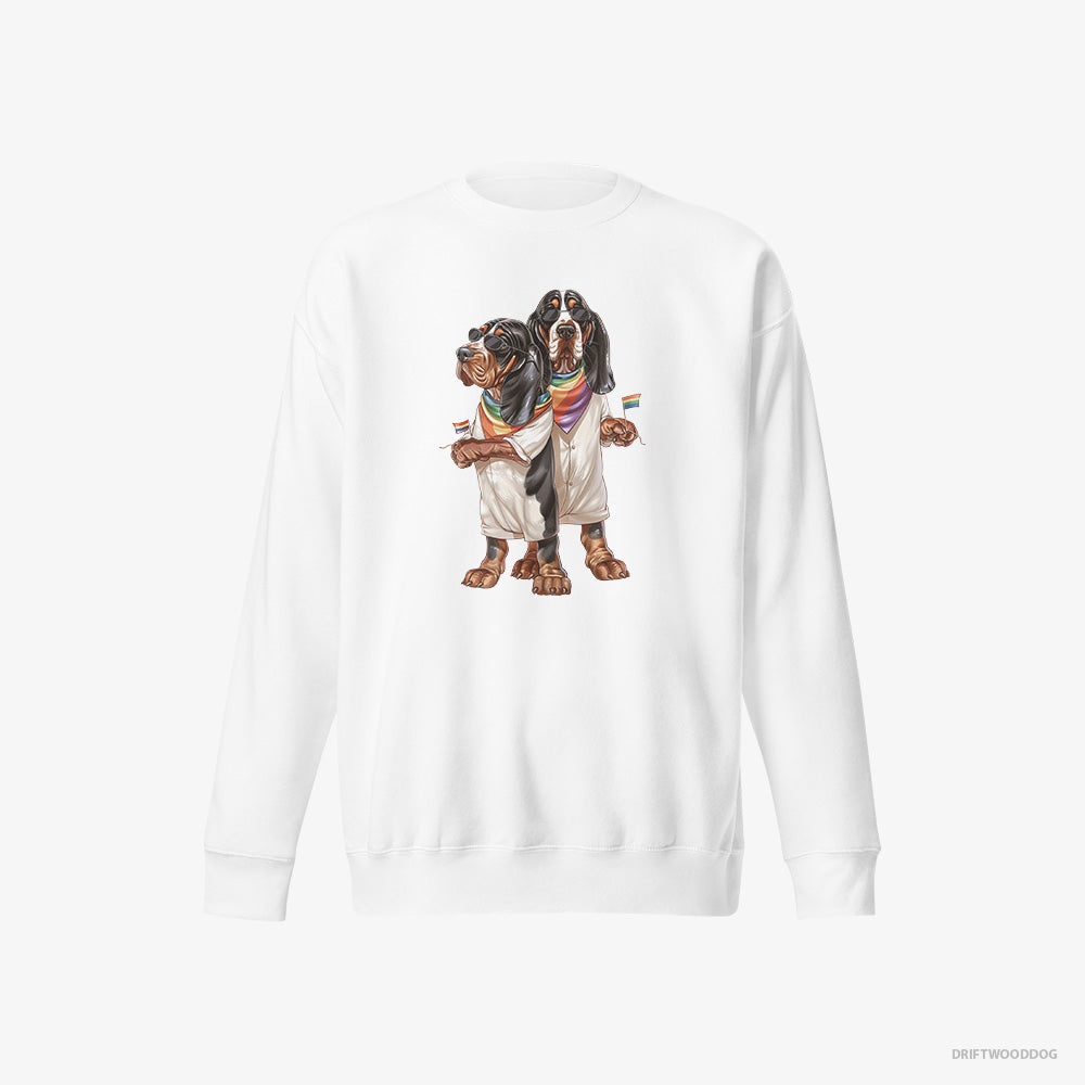 Basset Hound Sweatshirt – Men White Sweatshirt Eco-Friendly – Couple Ready for Pride (on White Background)