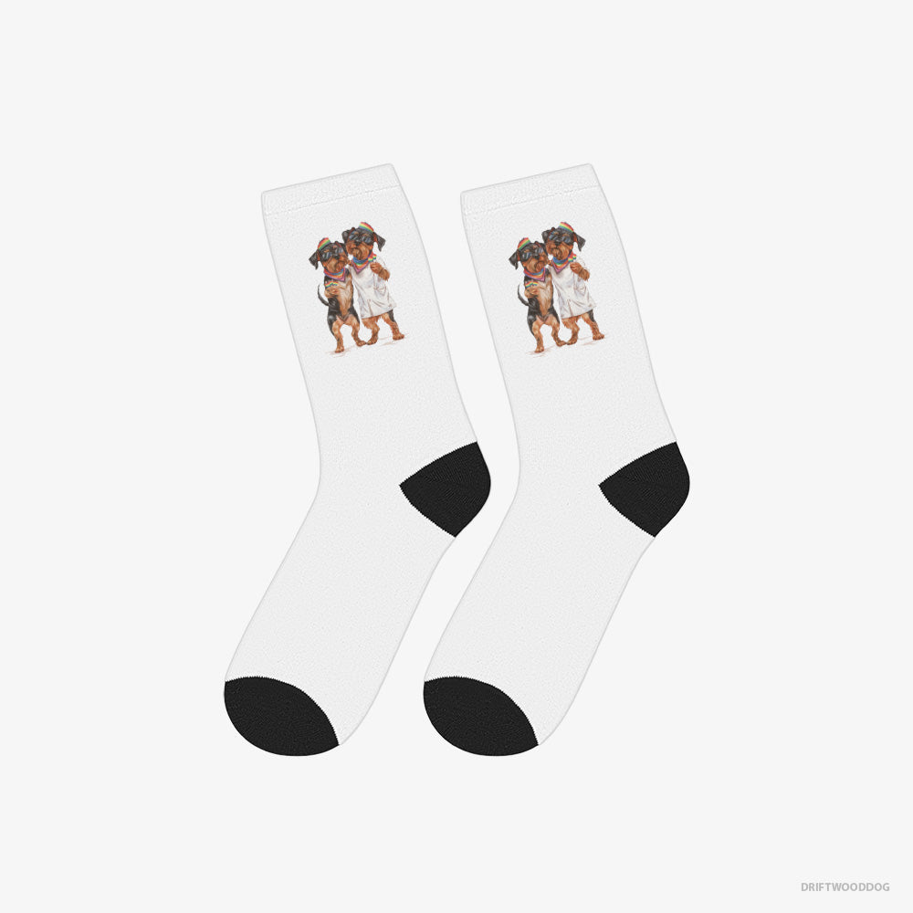 Yorkshire Terrier Socks – Unisex White Socks Classic – Couple Hugging on Pride Day (on White Background)