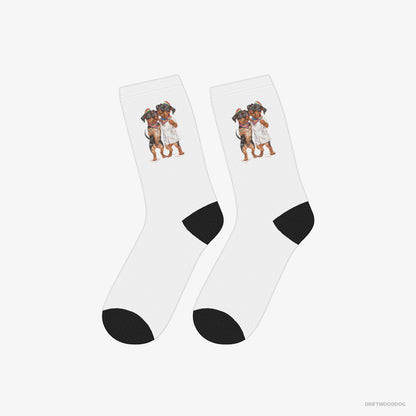 Yorkshire Terrier Socks – Unisex White Socks Classic – Couple Hugging on Pride Day (on White Background)