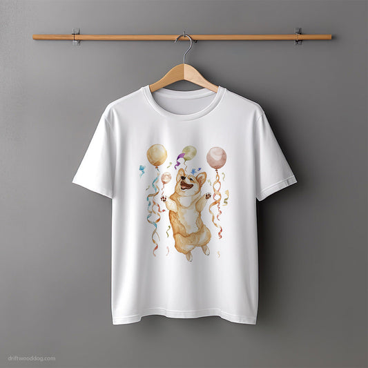 Corgi Jumping with Balloons T-Shirt – Unisex Tee for Dog Lovers