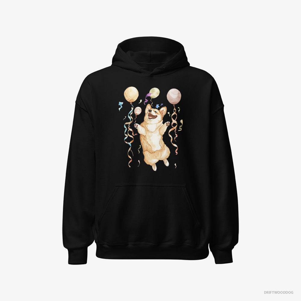 Corgi Hoodie – Men Black Hoodie Classic – Jumping with Balloons (on White Background)