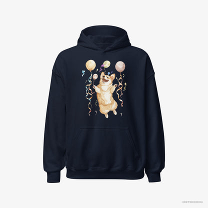 Corgi Jumping with Balloons Navy Hoodie