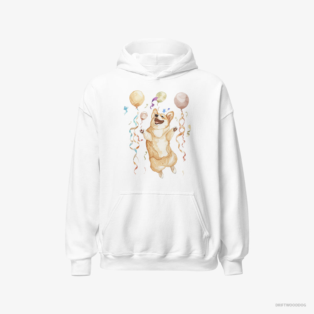 Corgi Hoodie – Women White Hoodie Classic – Jumping with Balloons (on White Background)