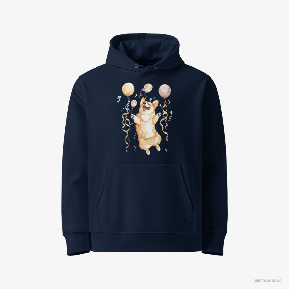 Corgi Hoodie – Men Navy Hoodie Eco-Friendly – Jumping with Balloons (on White Background)