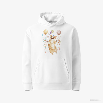 Corgi Hoodie – Men White Hoodie Eco-Friendly – Jumping with Balloons (on White Background)