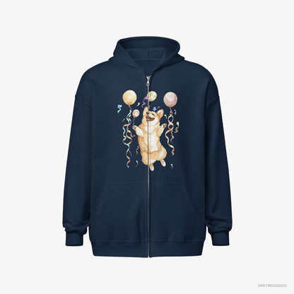 Corgi Jumping with Balloons Navy Hoodie