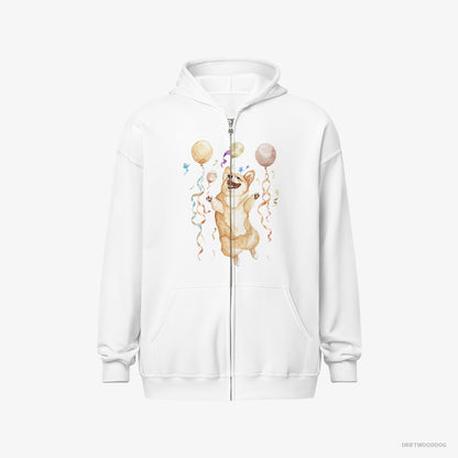 Corgi Hoodie – Women White Hoodie Full-Zip – Jumping with Balloons (on White Background)