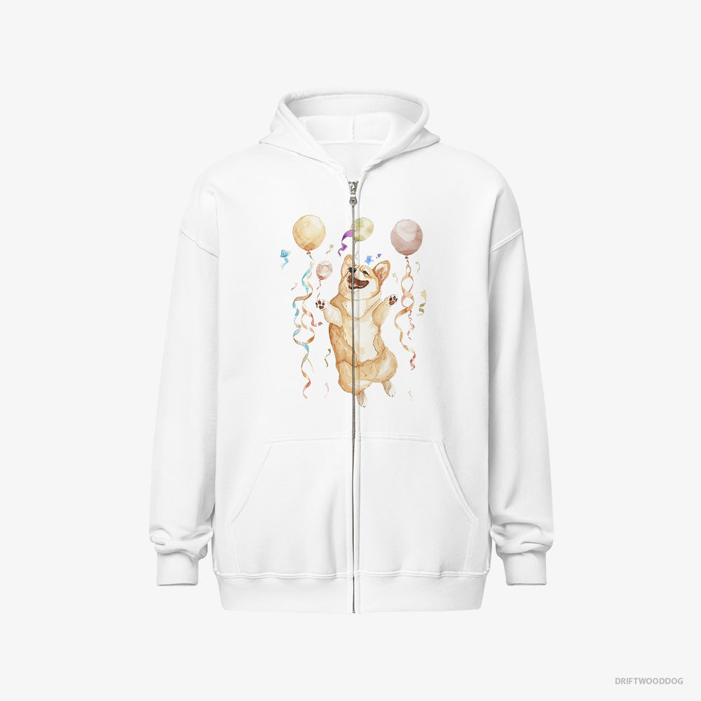 Corgi Jumping with Balloons – Women's Hoodie White Full-Zip – Full-Zip