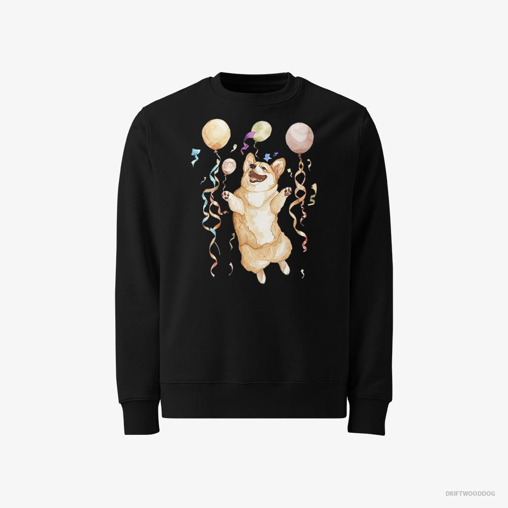 Corgi Sweatshirt – Men Black Sweatshirt Classic – Jumping with Balloons (on White Background)