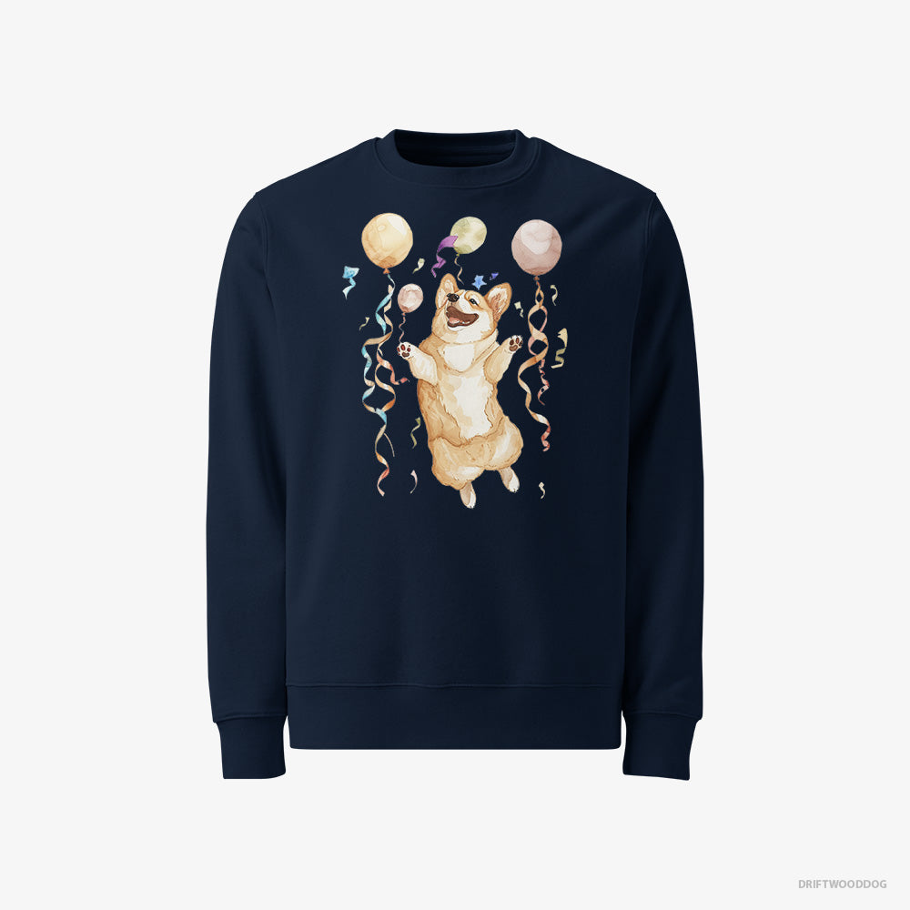 Corgi Sweatshirt – Men Navy Sweatshirt Classic – Jumping with Balloons (on White Background)