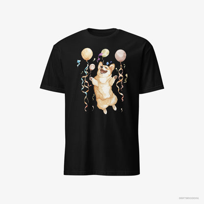 Corgi Jumping with Balloons Black T-Shirt