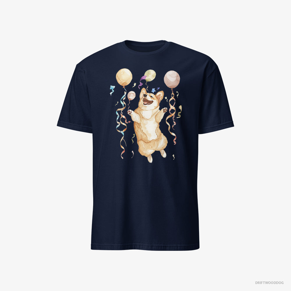 Corgi T-Shirt – Men Navy T-Shirt Classic – Jumping with Balloons (on White Background)