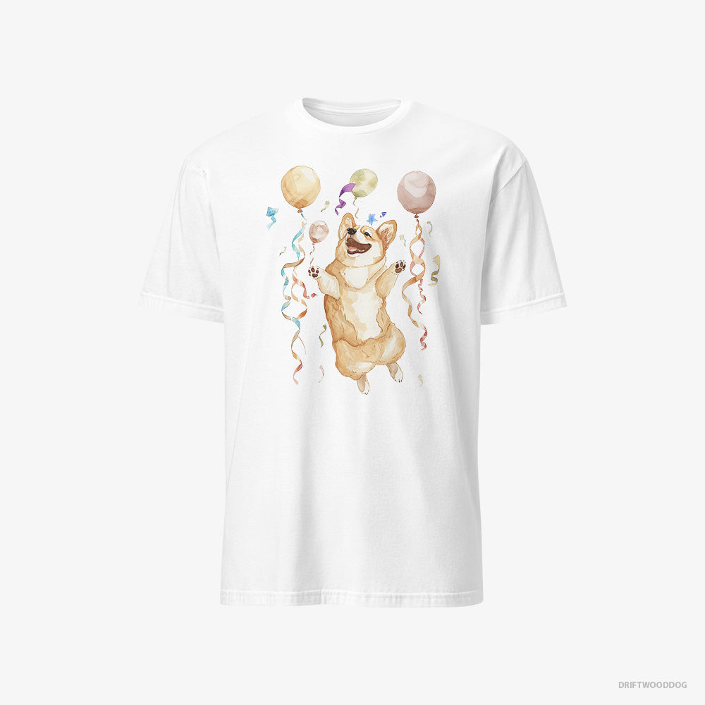 Corgi T-Shirt – Men White T-Shirt Classic – Jumping with Balloons (on White Background)