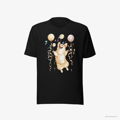 Corgi T-Shirt – Men Black T-Shirt Eco-Friendly – Jumping with Balloons (on White Background)