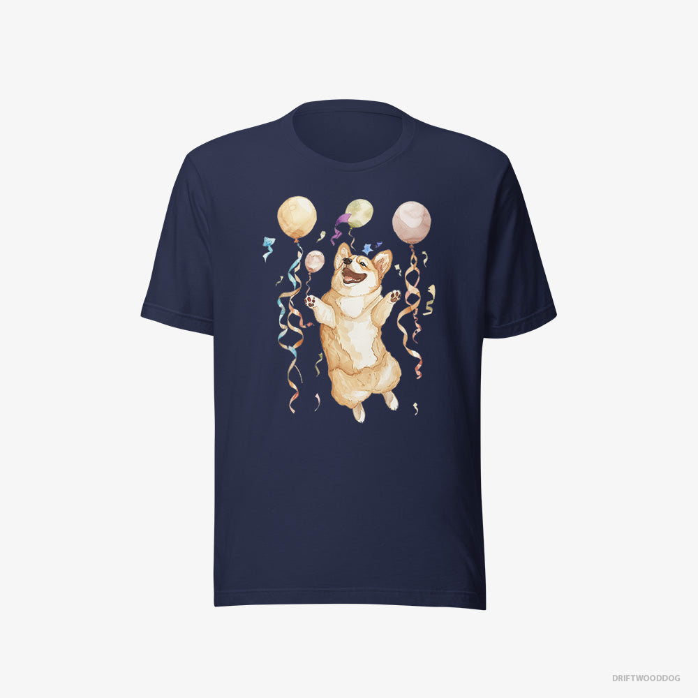 Corgi T-Shirt – Women Navy T-Shirt Eco-Friendly – Jumping with Balloons (on White Background)