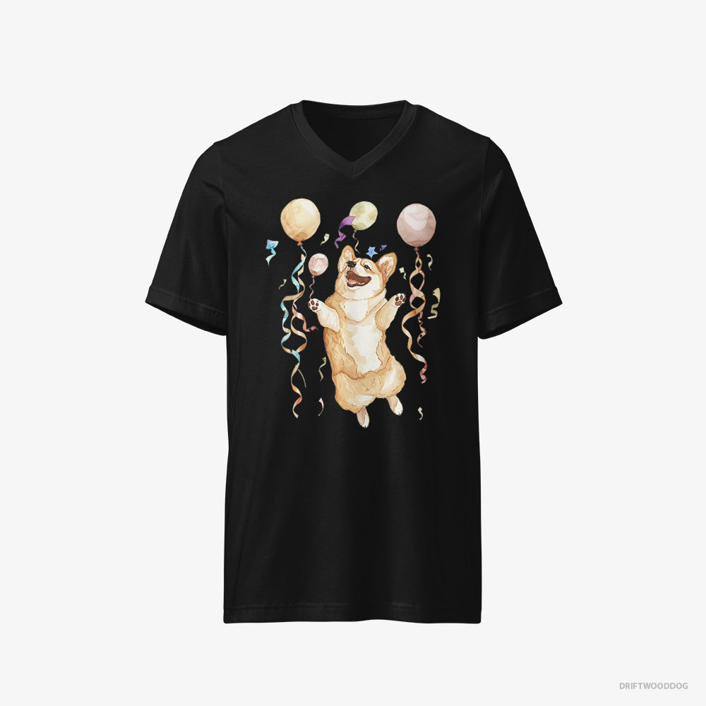 Corgi T-Shirt – Men Black T-Shirt V-Neck – Jumping with Balloons (on White Background)