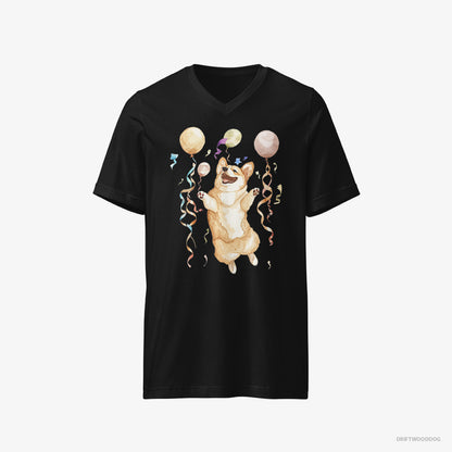 Corgi T-Shirt – Men Black T-Shirt V-Neck – Jumping with Balloons (on White Background)