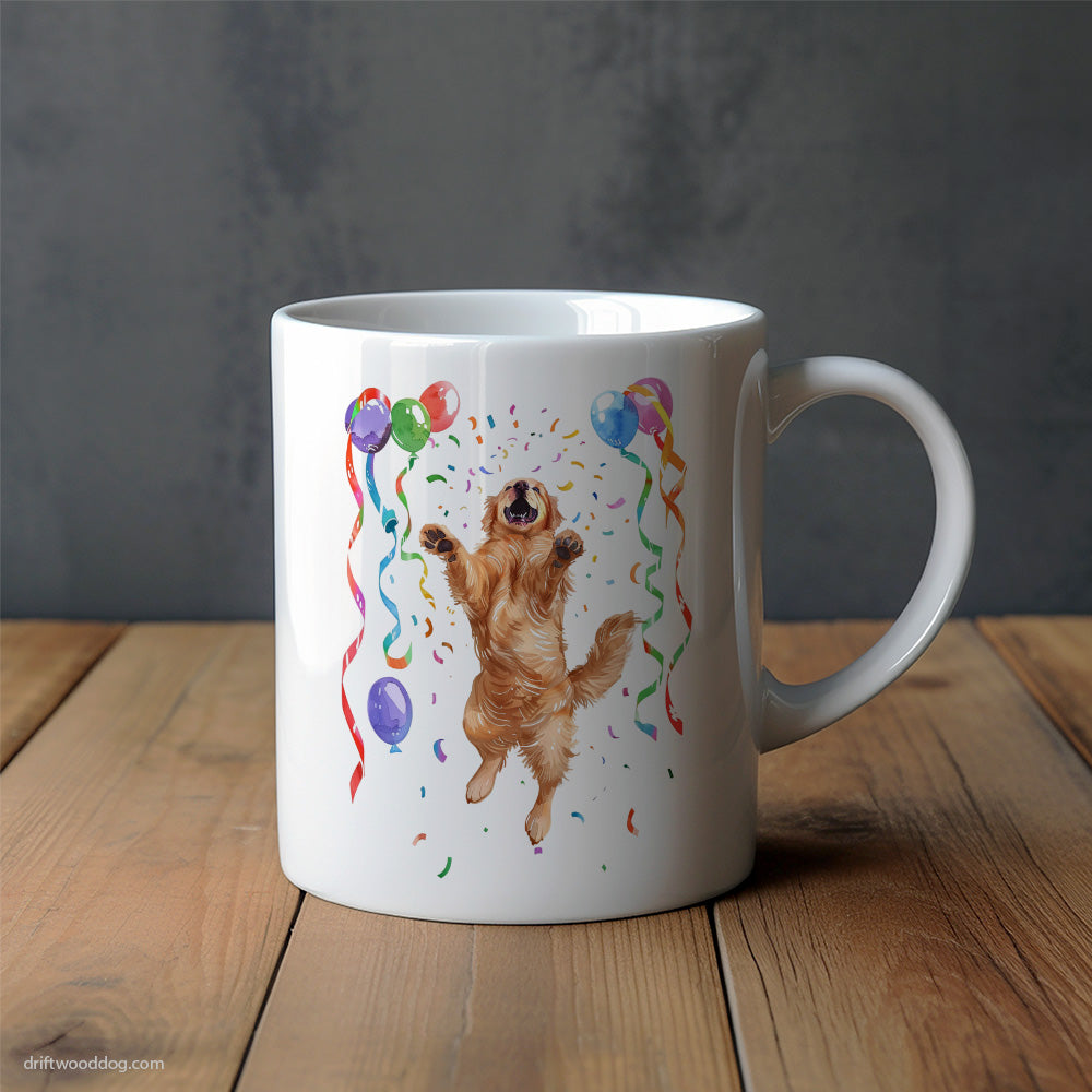 Golden Retriever Jumping with Balloons Mug – Unique Dog Cups | Dog-Themed Mugs