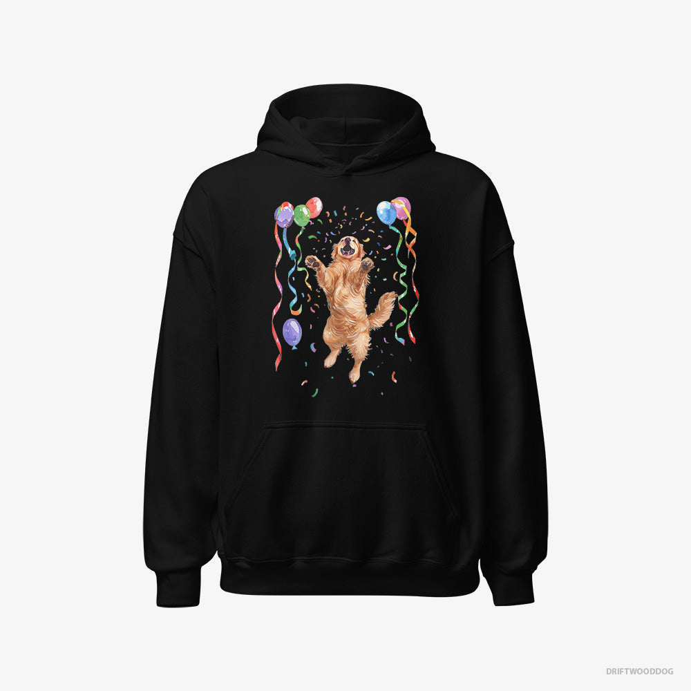 Golden Retriever Hoodie – Men Black Hoodie Classic – Jumping with Balloons (on White Background)