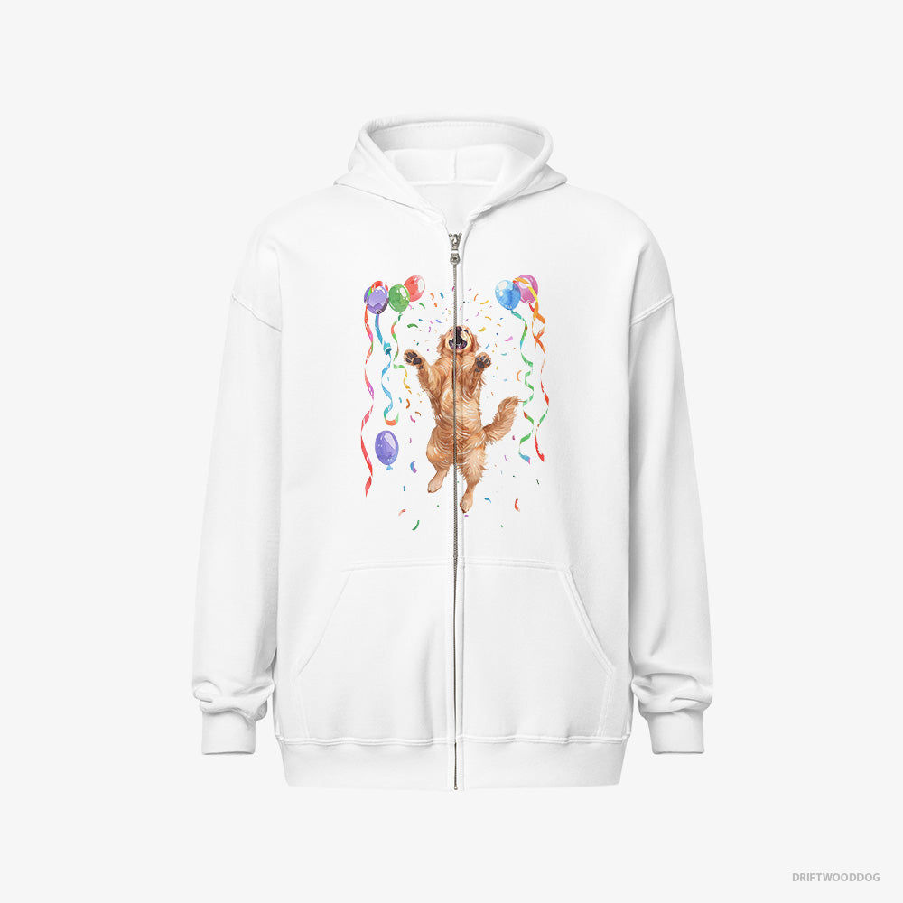 Golden Retriever Hoodie – Men White Hoodie Full-Zip – Jumping with Balloons (on White Background)