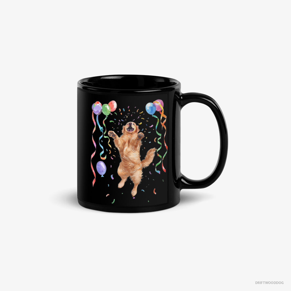 Golden Retriever Mug – Unisex Black Mug Classic – Jumping with Balloons (on White Background)