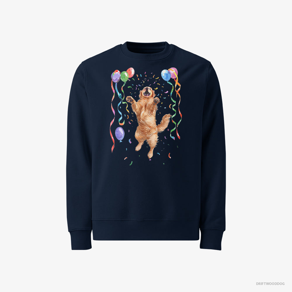 Golden Retriever Sweatshirt – Men Navy Sweatshirt Classic – Jumping with Balloons (on White Background)