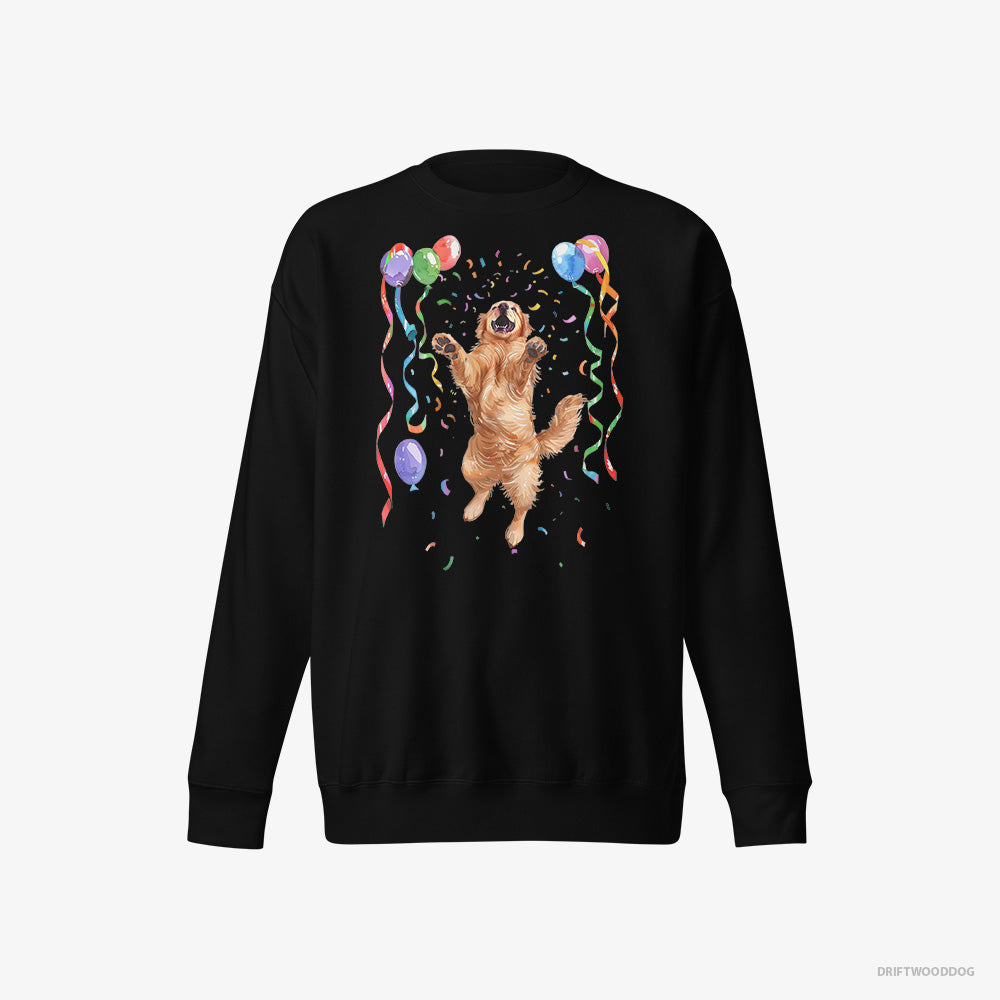 Golden Retriever Sweatshirt – Women Black Sweatshirt Eco-Friendly – Jumping with Balloons (on White Background)