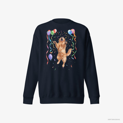 Golden Retriever Sweatshirt – Men Navy Sweatshirt Eco-Friendly – Jumping with Balloons (on White Background)