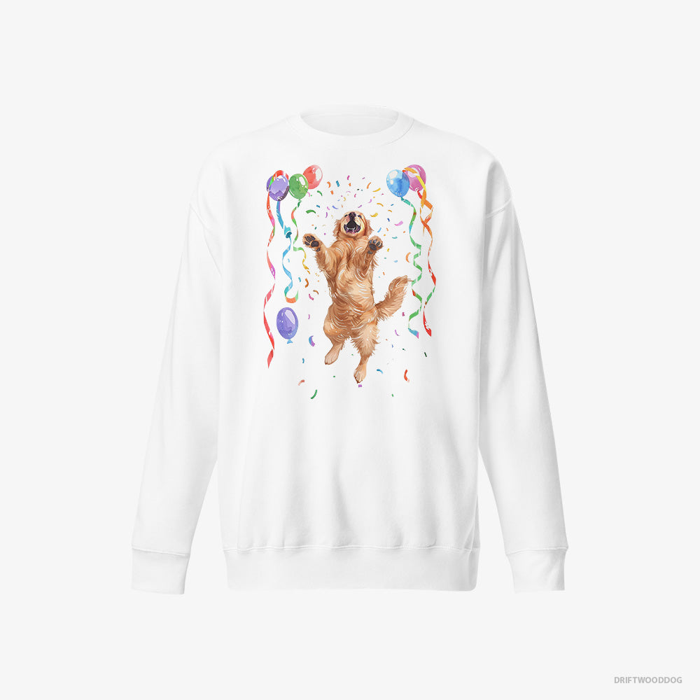 Golden Retriever Sweatshirt – Men White Sweatshirt Eco-Friendly – Jumping with Balloons (on White Background)