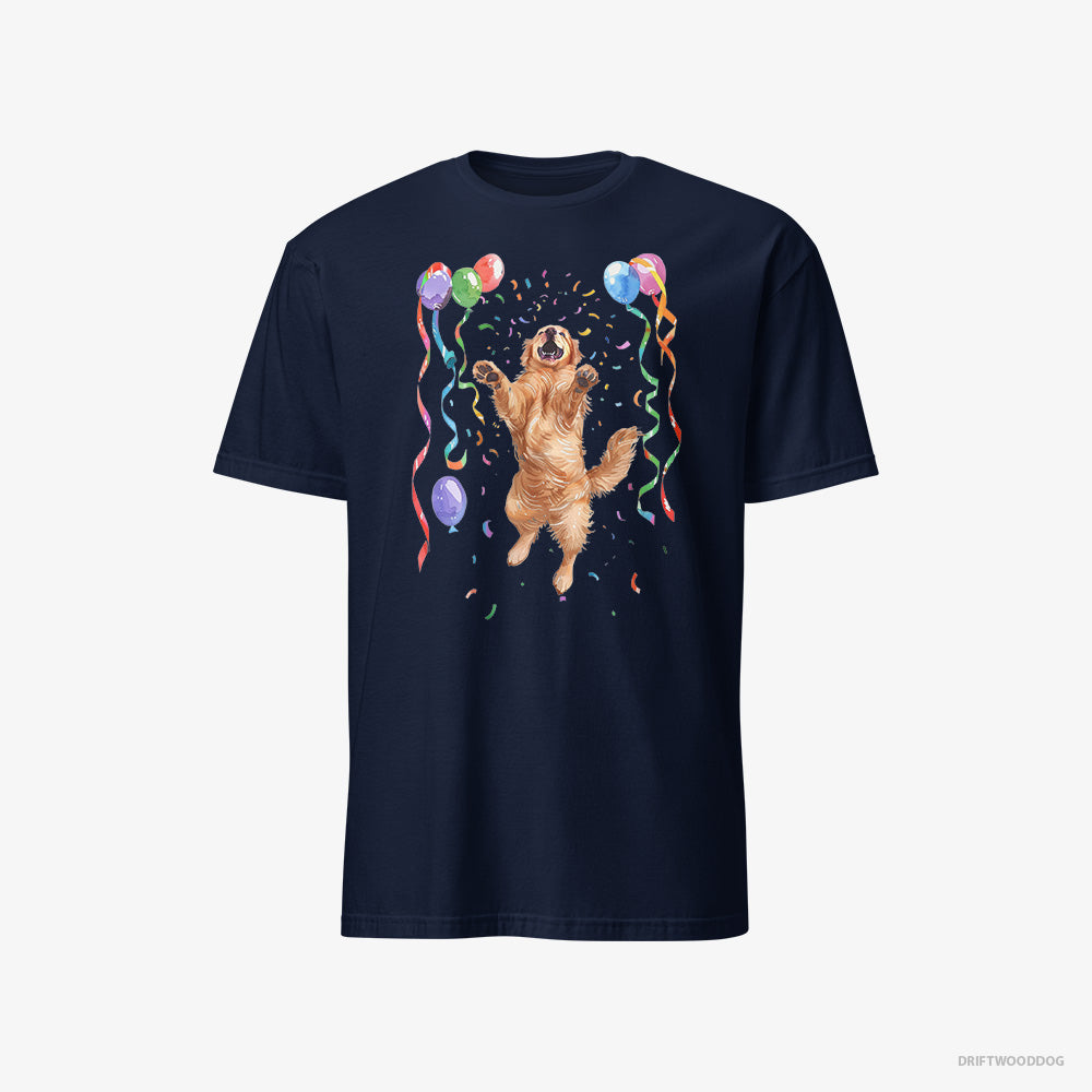 Golden Retriever T-Shirt – Men Navy T-Shirt Classic – Jumping with Balloons (on White Background)